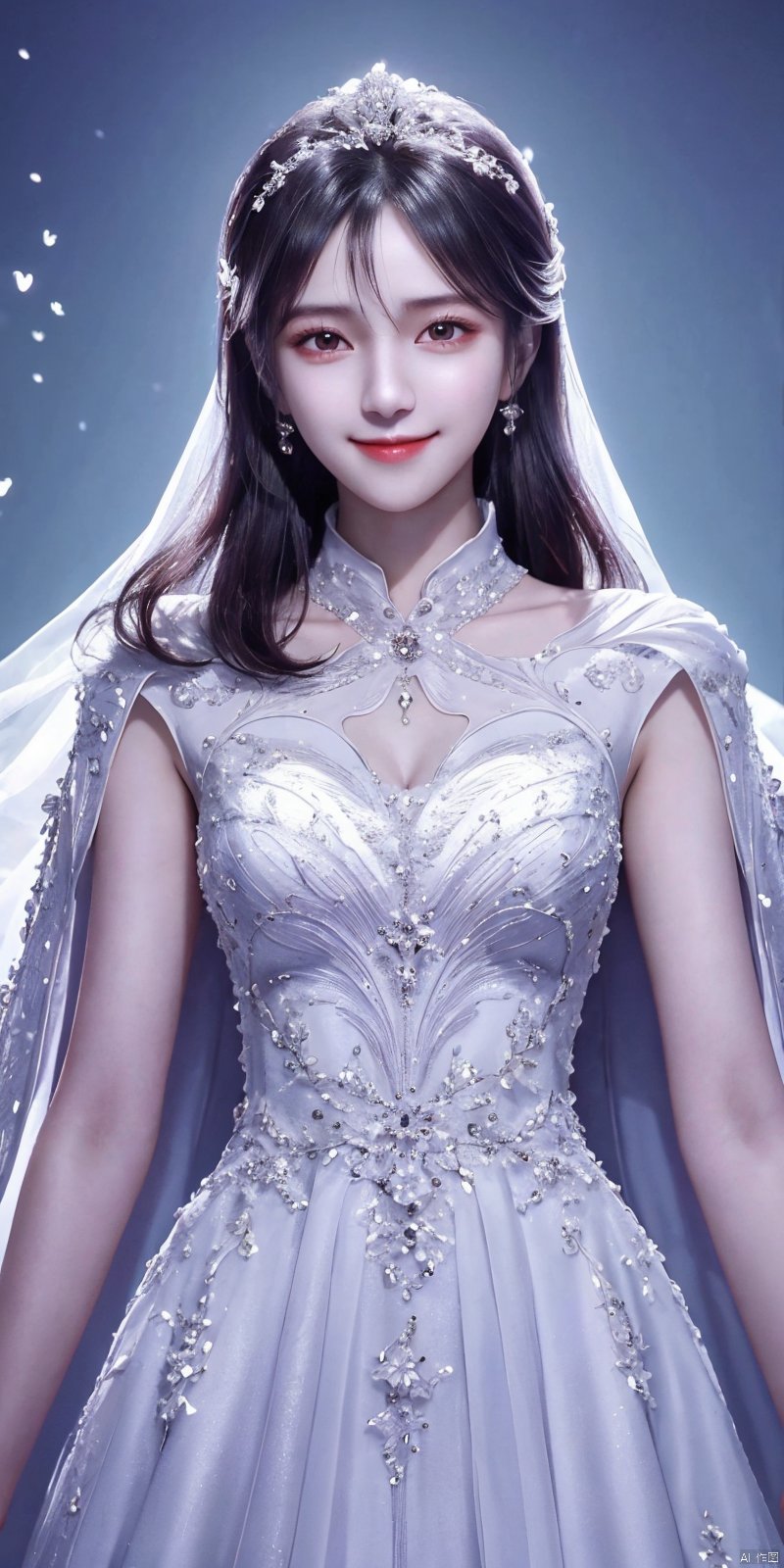  best quality, masterpiece, cowboy_shot,(Good structure), DSLR Quality,Depth of field,kind smile,looking_at_viewer,Dynamic pose, 
A chinese girl,Stunning crystal wedding dress cape, lavender, magic, soft lighting effects, blue dream background, octane rendering, surreal, HD 16K-AR, weddingdress, xuxin,