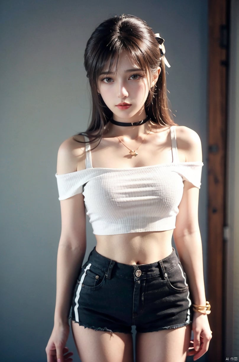  nai3, 1girl, shorts, solo, crop top, black shorts, choker, blue eyes, black hair, navel, shirt, midriff, crop top overhang, looking at viewer, white shirt, jewelry, breasts, cowboy shot, bare shoulders, short shorts, off-shoulder shirt, off shoulder, black choker, thighs, stomach, hand on own thigh, long hair, bracelet, short sleeves, ribbon, hand up, collarbone, hair ribbon, medium breasts, standing, high-waist shorts, dolphin shorts, bra strap, closed mouth, hair ornament, thigh gap, bangs, necklace, expressionless,, xuxin