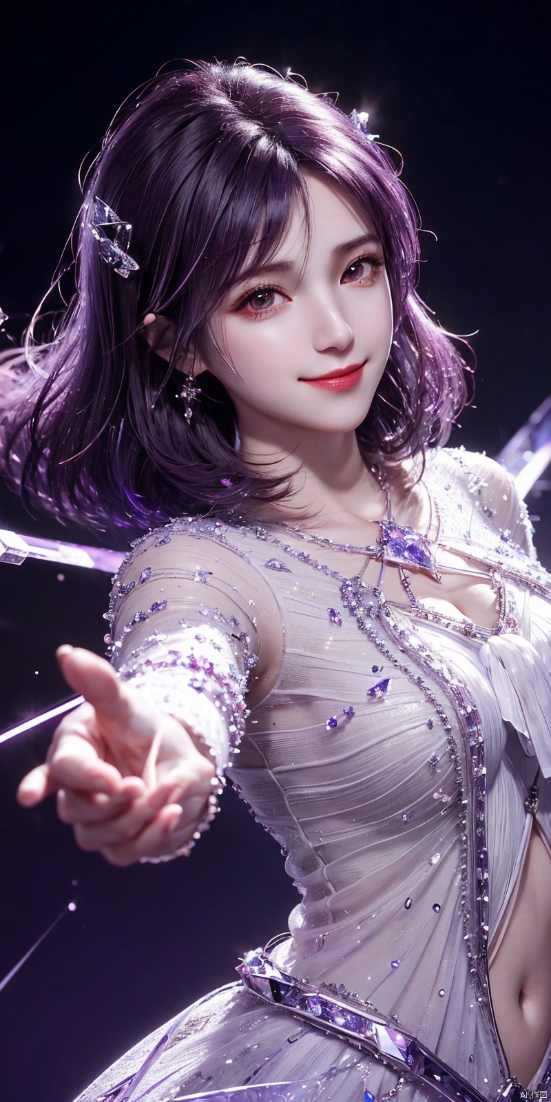  (Good structure),cowboy_shot, DSLR Quality,Depth of field ,looking_at_viewer,Dynamic pose, , kind smile,
1 girl,(Purple light effect),hair ornament,jewelry,looking at viewer, , , dofas,(ultra-detailed crystallization),transparent crystals, , , , , xuxin