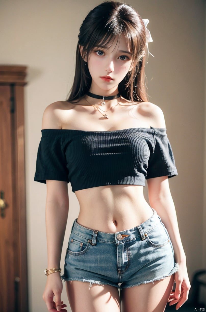  nai3, 1girl, shorts, solo, crop top, black shorts, choker, blue eyes, black hair, navel, shirt, midriff, crop top overhang, looking at viewer, white shirt, jewelry, breasts, cowboy shot, bare shoulders, short shorts, off-shoulder shirt, off shoulder, black choker, thighs, stomach, hand on own thigh, long hair, bracelet, short sleeves, ribbon, hand up, collarbone, hair ribbon, medium breasts, standing, high-waist shorts, dolphin shorts, bra strap, closed mouth, hair ornament, thigh gap, bangs, necklace, expressionless,, xuxin