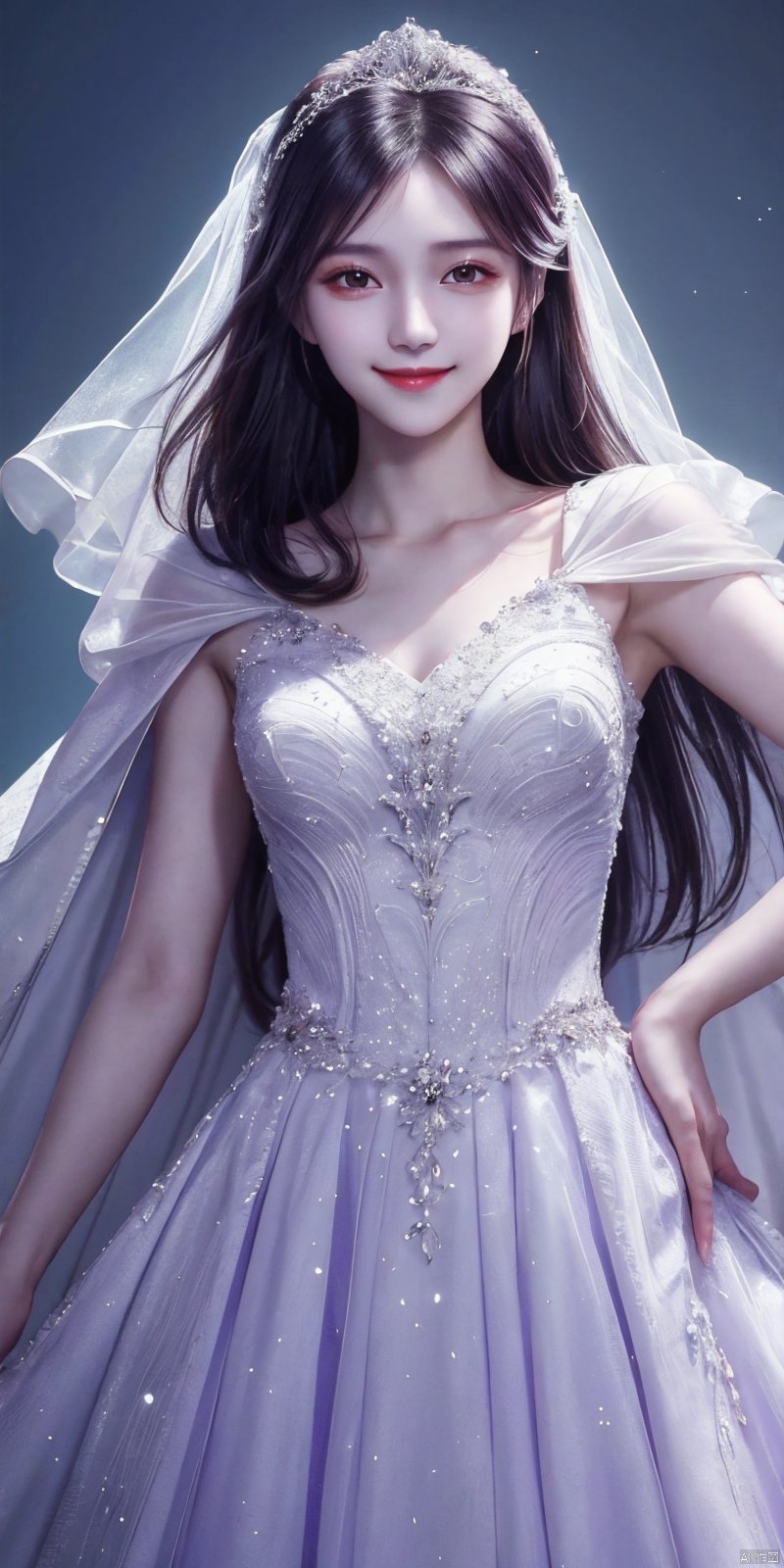  best quality, masterpiece, cowboy_shot,(Good structure), DSLR Quality,Depth of field,kind smile,looking_at_viewer,Dynamic pose, 
A chinese girl,Stunning crystal wedding dress cape, lavender, magic, soft lighting effects, blue dream background, octane rendering, surreal, HD 16K-AR, weddingdress, xuxin,