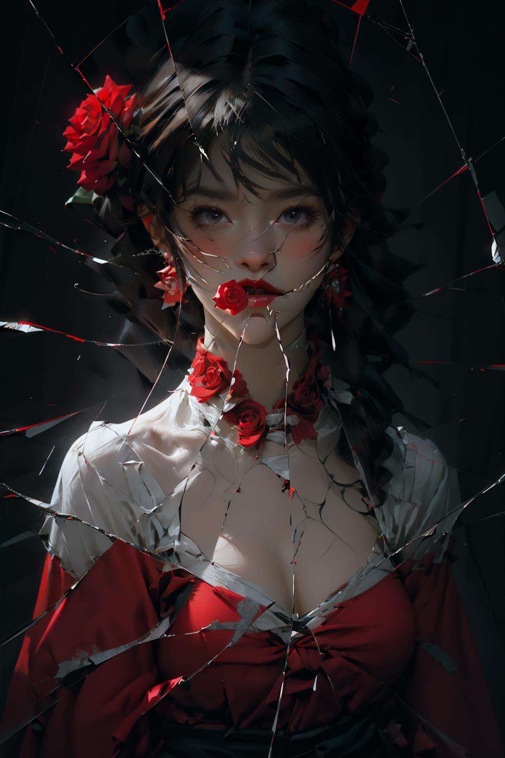 masterpiece,best quality, 1girl, red dress, rose in the mouth, broken glass, <lora:Brokenmirror:0.8>