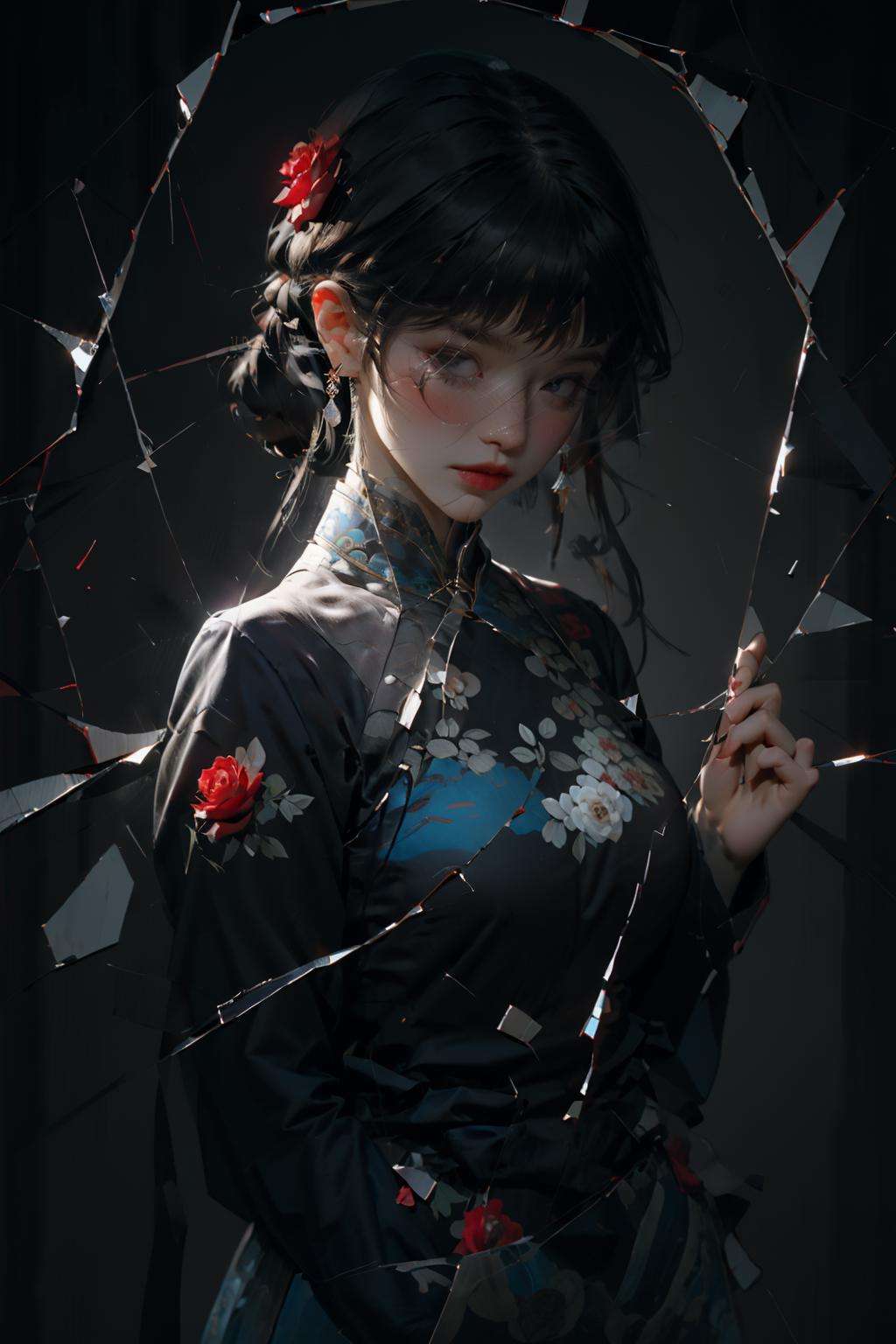 masterpiece,best quality, brokenmirror, broken glass, 1 girl, blue cheongsam, blue rose<lora:Brokenmirror:0.8>