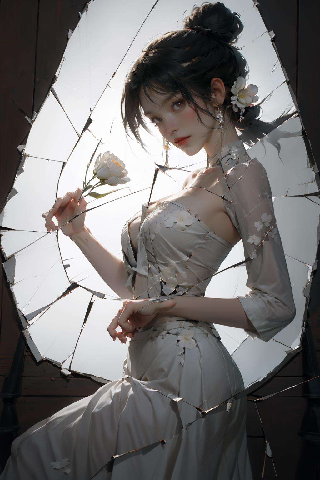 masterpiece,best quality, brokenmirror, broken glass, 1 girl, Strapless white skirt, white flowers<lora:Brokenmirror:0.8>