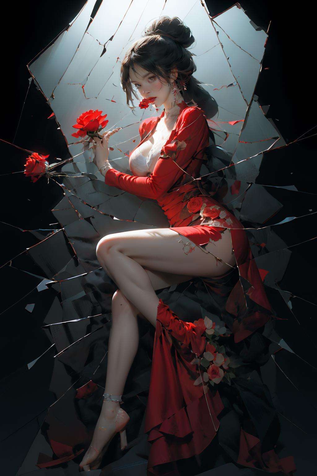 masterpiece,best quality, 1girl, red dress, rose in the mouth, full body,  broken glass, <lora:Brokenmirror:0.8>