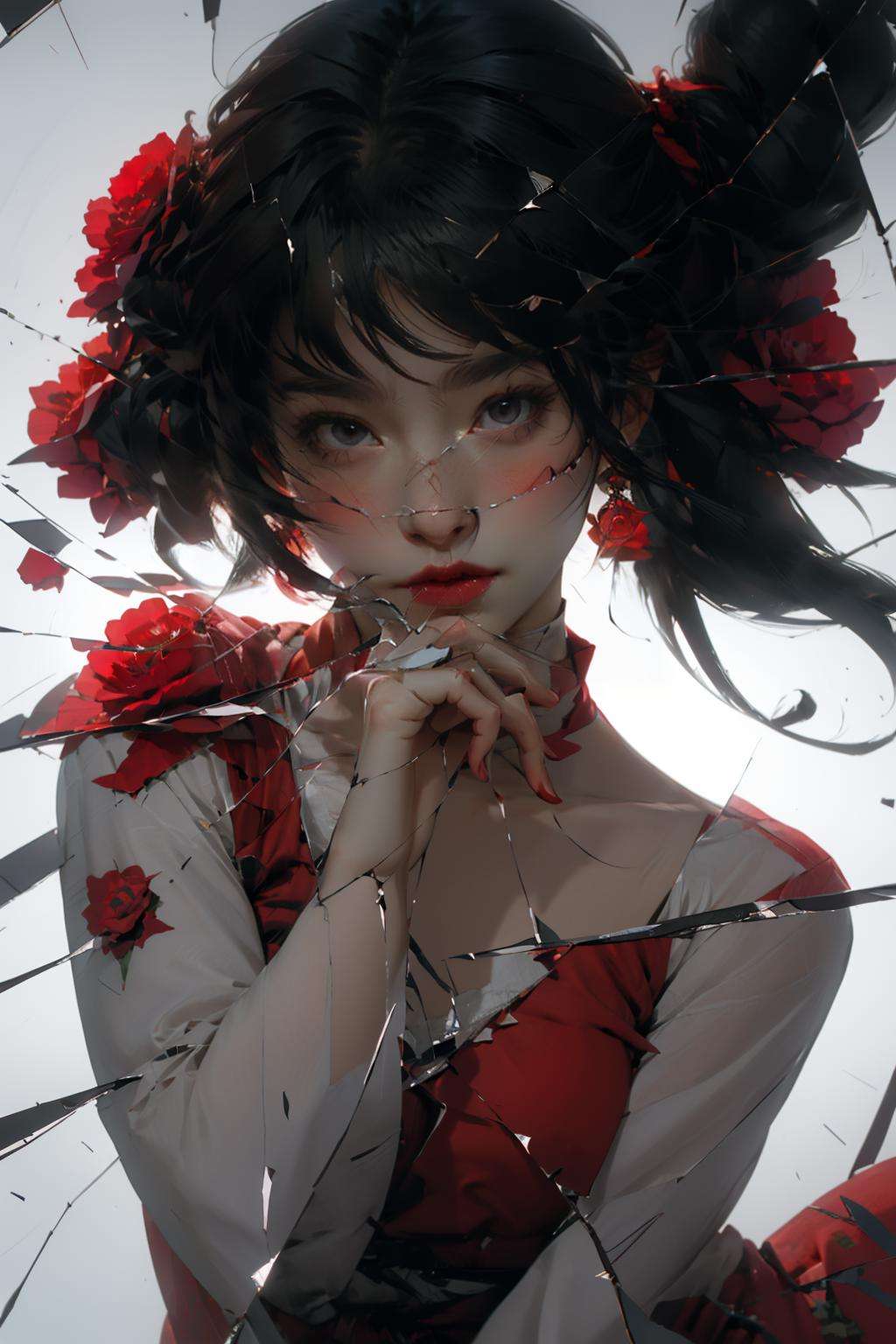 masterpiece,best quality, 1girl, red dress, rose in the mouth, broken glass, <lora:Brokenmirror:0.8>