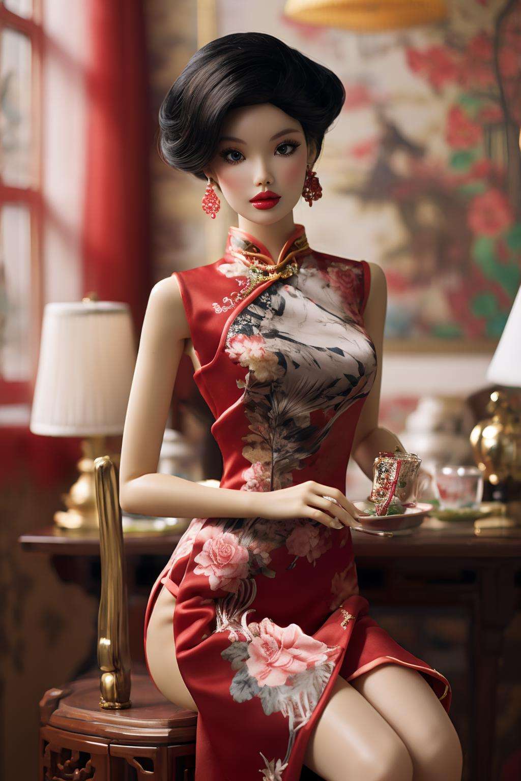 best quality, barbie, 1girl, chinese clothes, cheongsam, red dress, short hair ,black hair, rose <lora:Guofeng_Barbie:1>