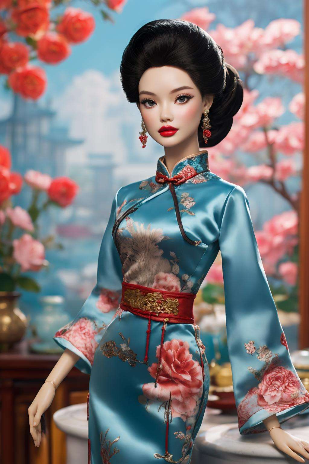 best quality, barbie, 1girl, chinese clothes, cheongsam, red dress, short hair ,black hair, rose <lora:Guofeng_Barbie:1>