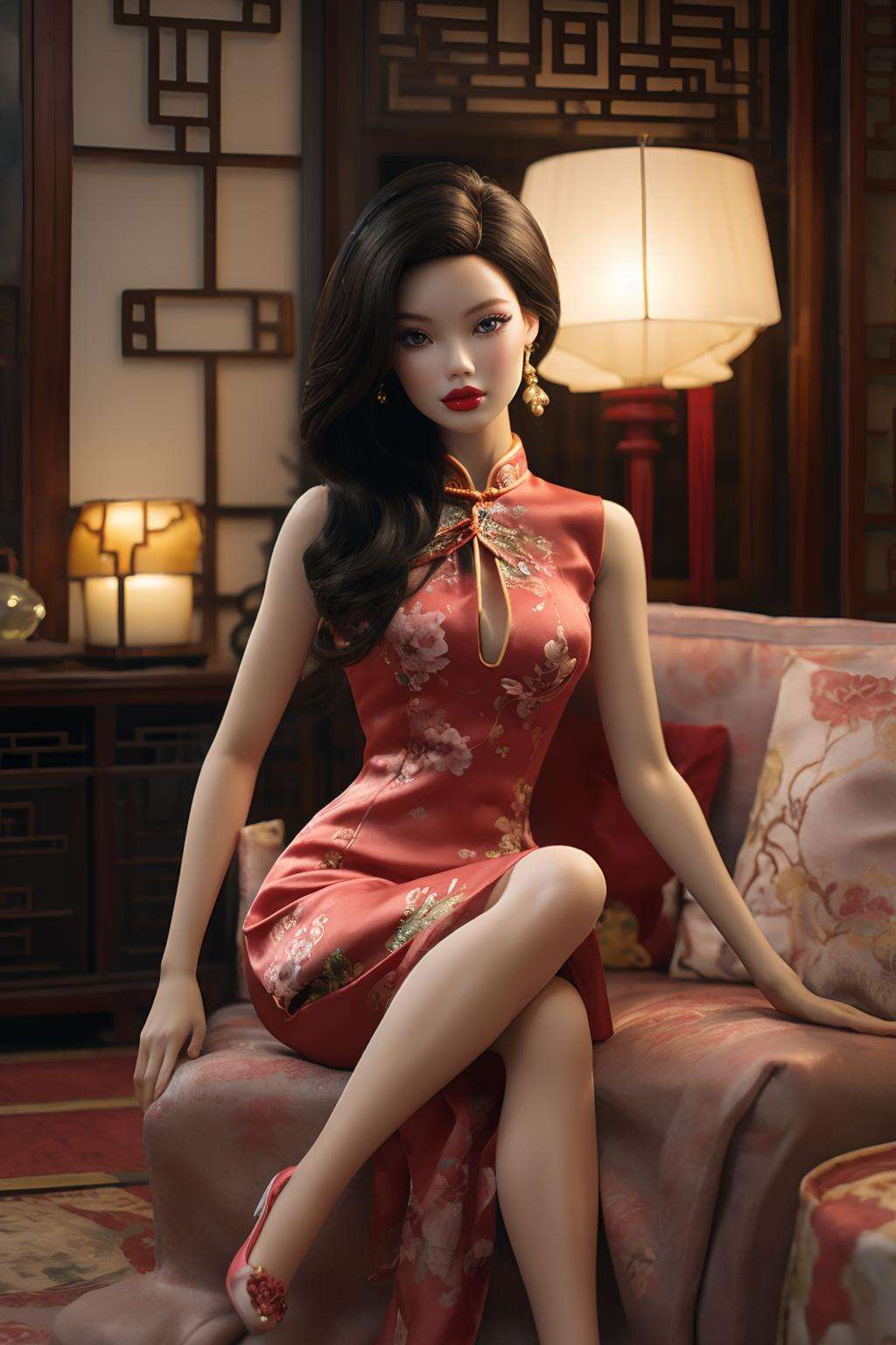 best quality, barbie, 1girl, cheongsam, sitting , chinese room  <lora:Guofeng_Barbie:0.9>