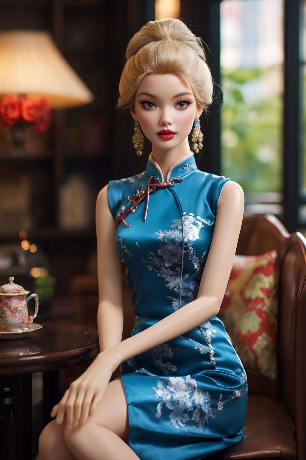 best quality, barbie, 1girl, sitting, chinese clothes, cheongsam, blue dress, long blonde hair ,black hair, rose <lora:Guofeng_Barbie:1>