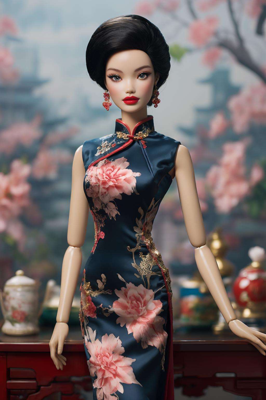 best quality, barbie, 1girl, chinese clothes, cheongsam, red dress, short hair ,black hair, rose <lora:Guofeng_Barbie:1>