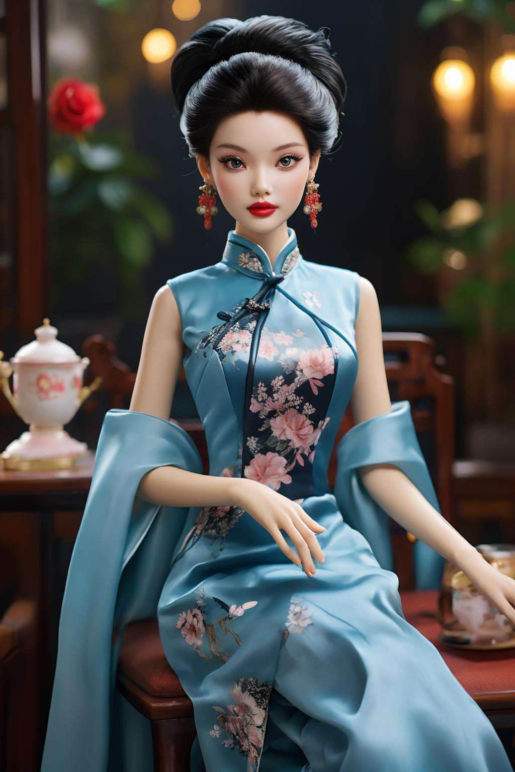 best quality, barbie, 1girl, sitting, chinese clothes, cheongsam, blue dress, long blonde hair ,black hair, rose <lora:Guofeng_Barbie:1>