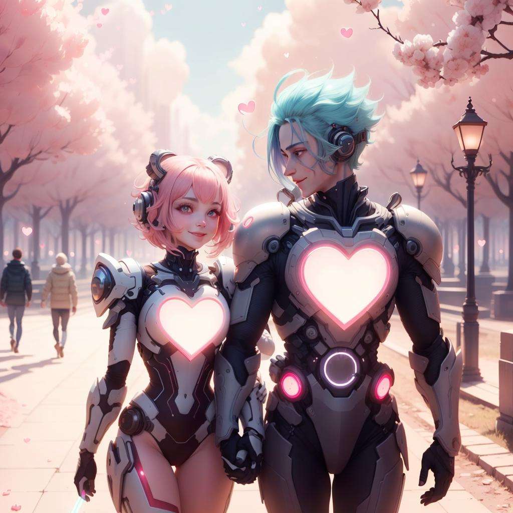 <lora:CupidTech-22:0.8>, cupidtech  ,scifi, light smile,couple walking in the park, long hair , short hair ,glowing colored hair, glowing eyes,looking at another,