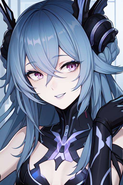 best quality, masterpiece,  <lora:LamiaPGR:0.7>lamiapgr, blue_lipstick, blue_eyeliner, symbol-shaped_eyes, multicolored_hair, detached collar, head fins, hand on own head, hand up, head tilt, holographic interface, looking at viewer, metal background, portrait, smile, teeth