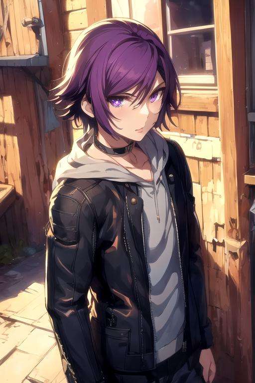 masterpiece, best quality, sketch, 1boy, solo, male focus, looking at viewer, , , <lora:courier_akudama_drive:0.76>, courier_akudama_drive, purple hair, purple eyes, , steampunk,