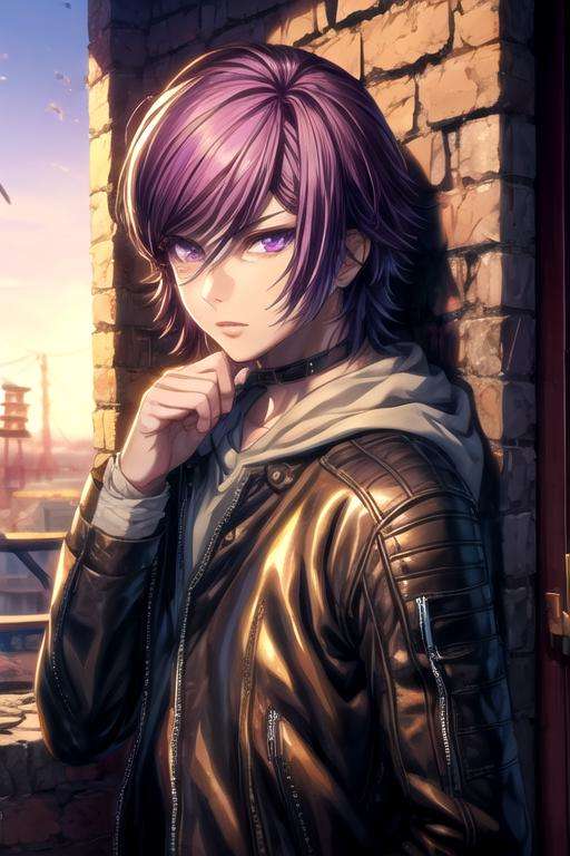 masterpiece, best quality, wallpaper, 1boy, solo, male focus, looking at viewer, upper body, , <lora:courier_akudama_drive:0.76>, courier_akudama_drive, purple hair, purple eyes, , , aztec,