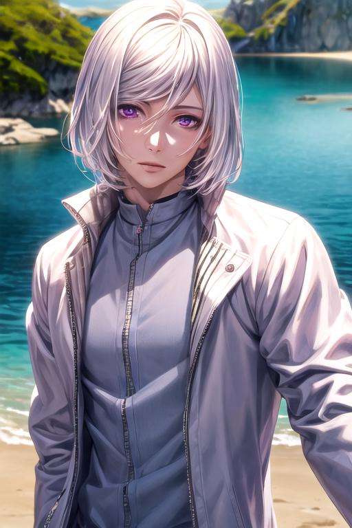 masterpiece, best quality, photorealistic, 1boy, solo, male focus, looking at viewer, upper body, depth of field, <lora:cutthroat_akudama_drive:0.70>, cutthroat_akudama_drive, white hair, purple eyes, , , The Island of Dreams: A place where all your deepest desires come true,