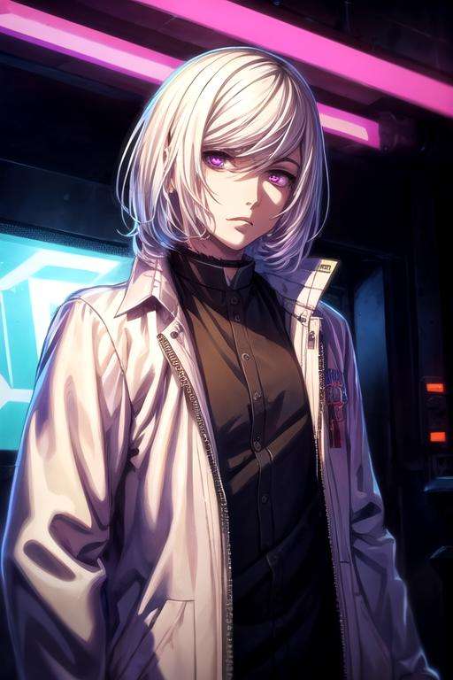 masterpiece, best quality, illustration, 1boy, solo, male focus, looking at viewer, upper body, , <lora:cutthroat_akudama_drive:0.76>, cutthroat_akudama_drive, white hair, purple eyes, , cyberpunk,