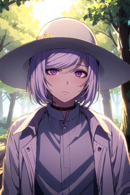 masterpiece, best quality, sketch, 1boy, solo, male focus, looking at viewer, upper body, , <lora:cutthroat_akudama_drive:0.74>, cutthroat_akudama_drive, white hair, purple eyes, , sun hat, The Forest of Mirrors: A place where reality is distorted and nothing is as it seems, 12k resolution