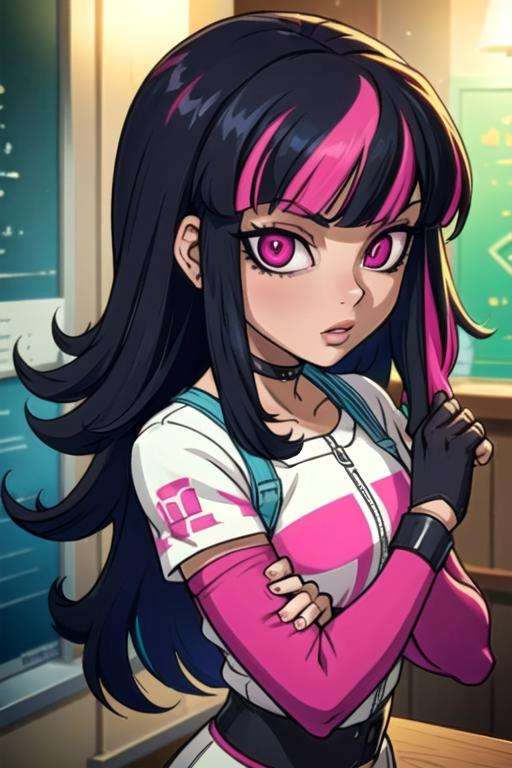 masterpiece, best quality, game cg, 1girl, solo, looking at viewer, , , <lora:ordinary_person_akudama_drive:0.68>, ordinary_person_akudama_drive, black hair, multicolored hair, , pink hair, long hair, pink eyes, , aztec,