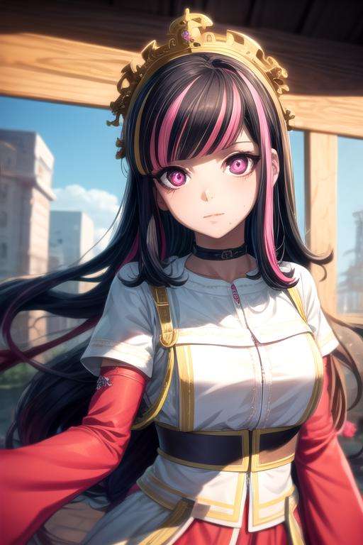 masterpiece, best quality, illustration, 1girl, solo, looking at viewer, upper body, , <lora:ordinary_person_akudama_drive:0.68>, ordinary_person_akudama_drive, black hair, multicolored hair, streaked hair, , long hair, pink eyes, peasant costume, ,