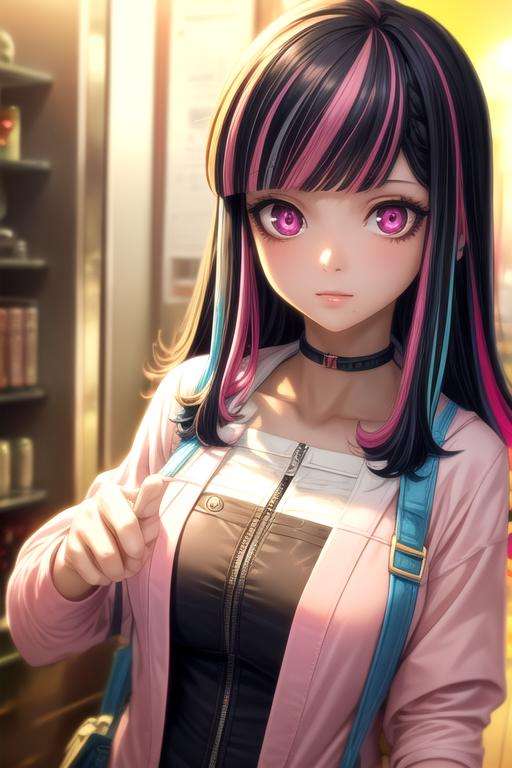 masterpiece, best quality, wallpaper, 1girl, solo, looking at viewer, upper body, , <lora:ordinary_person_akudama_drive:0.70>, ordinary_person_akudama_drive, black hair, multicolored hair, streaked hair, pink hair, long hair, pink eyes, graduation costume, science fiction science fantasy,