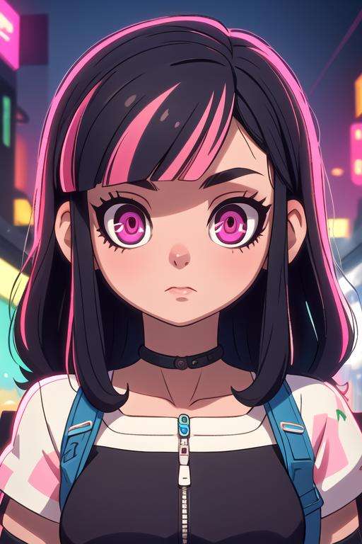 masterpiece, best quality, , 1girl, solo, looking at viewer, , depth of field, <lora:ordinary_person_akudama_drive:0.72>, ordinary_person_akudama_drive, black hair, multicolored hair, , , long hair, pink eyes, , , cyberpunk, 8k resolution