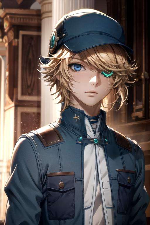 masterpiece, best quality, game cg, 1boy, solo, male focus, looking at viewer, upper body, depth of field, <lora:hacker_akudama_drive:0.74>, hacker_akudama_drive, blonde hair, blue eyes, colored sclera, hat, fairy tale costume, , 16k resolution