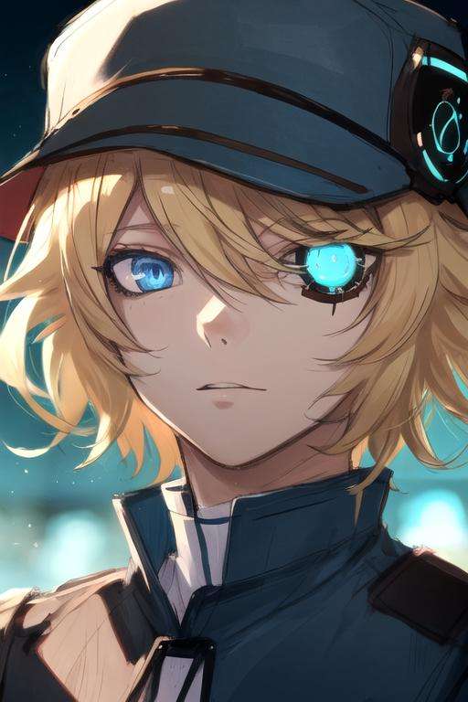 masterpiece, best quality, sketch, 1boy, solo, male focus, looking at viewer, , depth of field, <lora:hacker_akudama_drive:0.72>, hacker_akudama_drive, blonde hair, blue eyes, colored sclera, hat, , The Valley of the Lost, 8k resolution