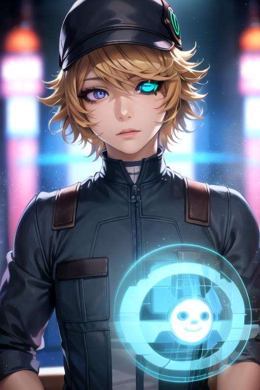 masterpiece, best quality, photorealistic, 1boy, solo, male focus, looking at viewer, , depth of field, <lora:hacker_akudama_drive:0.76>, hacker_akudama_drive, blonde hair, blue eyes, colored sclera, hat, , sci-fi,