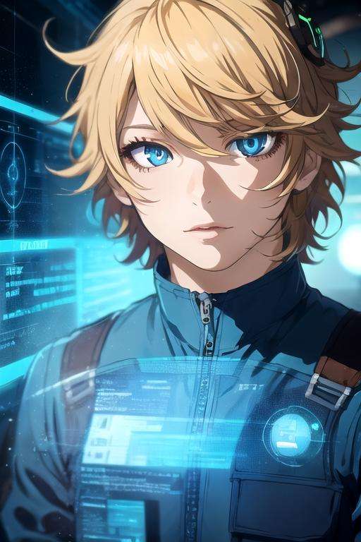 masterpiece, best quality, photorealistic, 1boy, solo, male focus, looking at viewer, upper body, , <lora:hacker_akudama_drive:0.70>, hacker_akudama_drive, blonde hair, blue eyes, , , , , science fiction time travel, 12k resolution