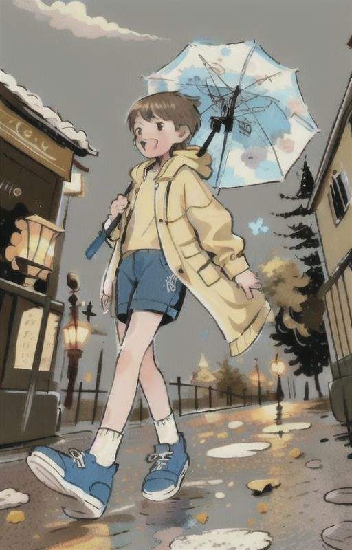 solo, looking at viewer, smile, open mouth, brown hair, 1boy, holding, brown eyes, flower, :d, male focus, outdoors, sky, shoes, shorts, socks, cloud, hood, tree, night, bird, animal, umbrella, from below, rain, blue shorts, blue flower, blue footwear, holding umbrella, bench, male child, transparent, lamppost, hydrangea, raincoat, transparent umbrella,, (masterpiece, best quality, beautiful and aesthetic:1.2), (ultra detailed, extremely delicate:1.3)