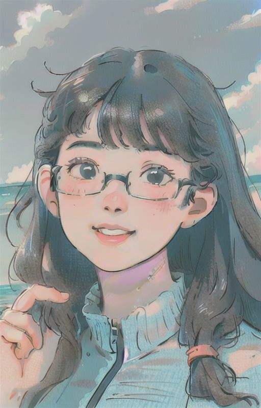 (best quality:1.4), (ultra highres:1.2), (photorealistic:1.4), (8k, RAW photo:1.2),(portrait shot:1.3), creamnoeyy_, 1girl, solo, long hair, black hair, smile, arm up, glasses, round eyewear, ocean, cloud, <lora:creamnoeyy_-000008:0.7> <lora:VividColorDetail_v1:1>