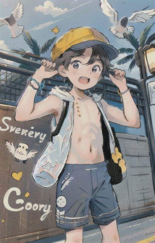 solo, looking at viewer, short hair, open mouth, brown hair, 1boy, navel, hair between eyes, nipples, purple eyes, male focus, outdoors, sky, shorts, sleeveless, day, cloud, hood, armpits, bag, arms up, tree, wet, bird, bandaid, palm tree, male child, male swimwear, penguin, swim trunks,, (facing camera:1.2), rich vivid detailed background, (masterpiece, best quality, beautiful and aesthetic:1.2), (ultra detailed, extremely delicate:1.3)