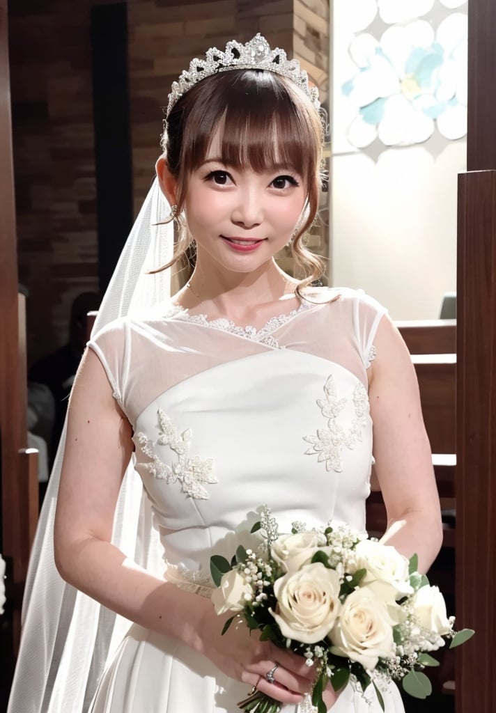 (8k, RAW photo, best quality, masterpiece: 1.2), ultra-definition, ultra-high resolution, high-definition RAW color photo, professional photo, very delicate and beautiful, detailed image,
break
Girlfriend in church, one beautiful woman, bursting smile, beautiful woman staring at me, (whole body portfolio: 1.5), Japanese idol, (Nana Hashimoto: 1.2), beautiful woman: 1.2, beautiful eyes
break
Wearing a pure white A-line wedding dress: 1.5 Holding a bouquet of white roses: 1.2 (tiara: 1.2), ((diamond engagement ring on left ring finger: 1.5))
break
beautiful fingers, pale pink mouth, low chignon hairstyle: 1.5, beautiful skin, slender figure, shapely chest, narrow waist,Minami Kojima