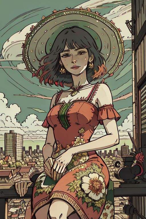 photo of woman wearing a green and red caipira dress,  (city as background:1.3), floral fabric, small straw hat, realistic, masterpiece, highres, cinematic lighting, perfect face, detailed face,detailed eyes, detailed dress , full body <lora:FestaJunina-000003:0.8>, (masterpiece, best quality, beautiful and aesthetic:1.2), (ultra-detailed, extremely delicate and beautiful:1.3)