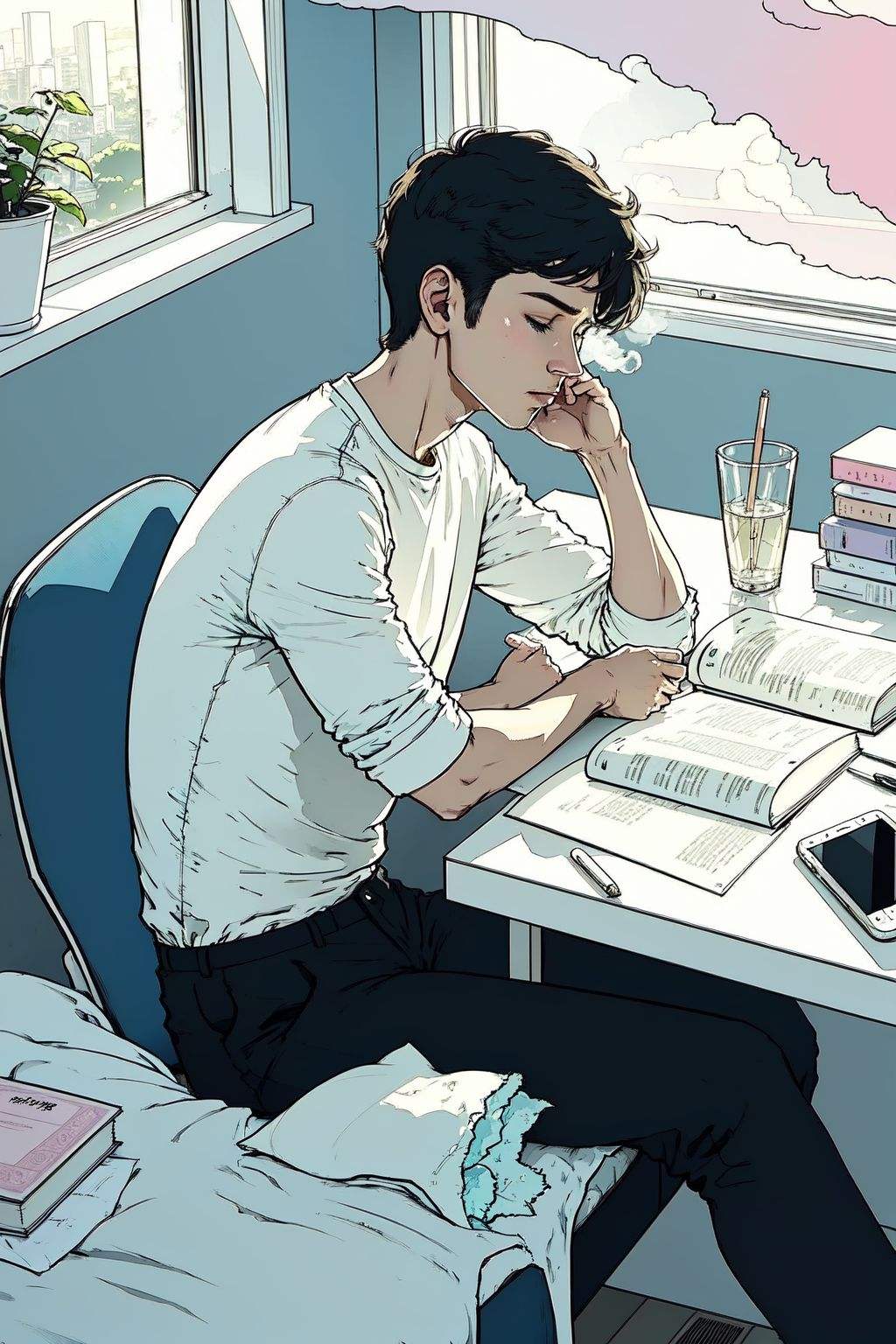 lineart,pastel color,  smoke, cigarette,solo, short hair, shirt, black hair, 1boy,white shirt, slim (male body:1), lying, pants, cloud, indoors, cup, pillow, book, window, bed, chair, phone, black pants, table, sleeping, bottle, curtains, desk, fish, bubble, air bubble, computer, laptop, tissue box, surreal, messy room,, (masterpiece, best quality, beautiful and aesthetic:1.2), (ultra-detailed, extremely delicate and beautiful:1.3)