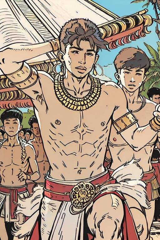 Dyn 8,  upper body view, 3 dancer boys topless teenager male body, ceremony dancing in crowded maya festival close up outdoor knee up  ,  sky, (masterpiece, best quality, beautiful and aesthetic:1.2), (ultra-detailed, extremely delicate and beautiful:1.3)