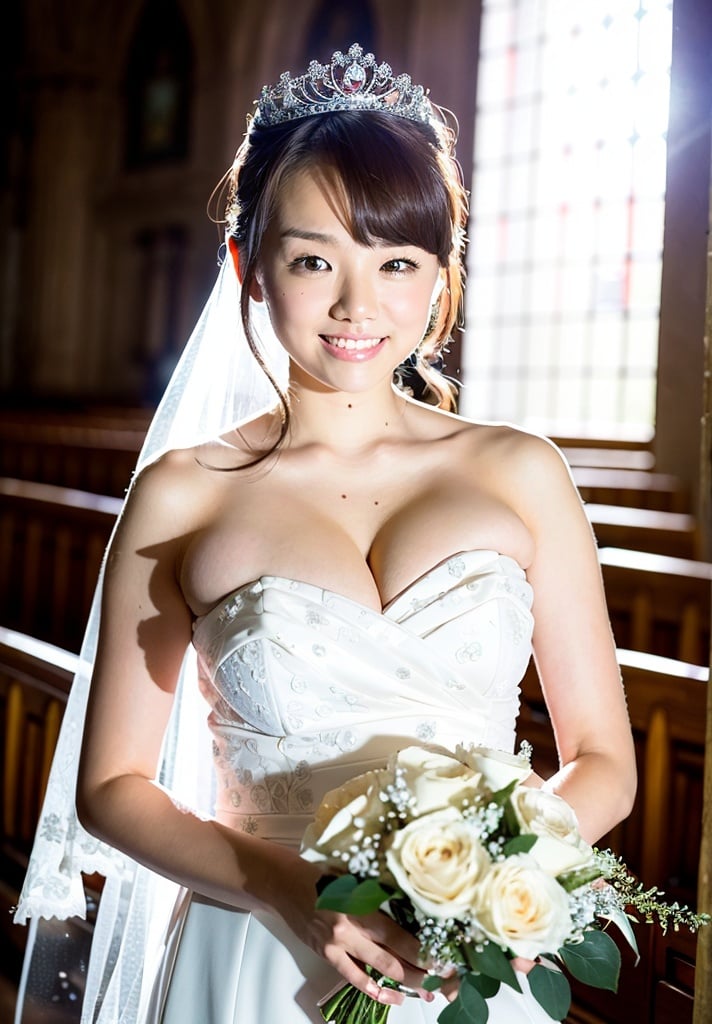 (8k, RAW photo, best quality, masterpiece: 1.2), ultra-definition, ultra-high resolution, high-definition RAW color photo, professional photo, very delicate and beautiful, detailed image,
break
Girlfriend in church, one beautiful woman, bursting smile, beautiful woman staring at me, (whole body portfolio: 1.5), Japanese idol, (Nana Hashimoto: 1.2), beautiful woman: 1.2, beautiful eyes
break
Wearing a pure white A-line wedding dress: 1.5 Holding a bouquet of white roses: 1.2 (tiara: 1.2), ((diamond engagement ring on left ring finger: 1.5))
break
beautiful fingers, pale pink mouth, low chignon hairstyle: 1.5, beautiful skin, slender figure, shapely chest, narrow waist,Minami Kojima