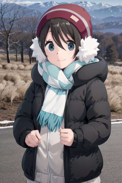 (((pixel-perfect, detail-perfect, photo-perfect))), solo, 1girl, <lora:ena-yurucamp:0.8>, ena saitou, jacket, scarf, beanie, earmuffs, looking at viewer, smile, mountain, nature