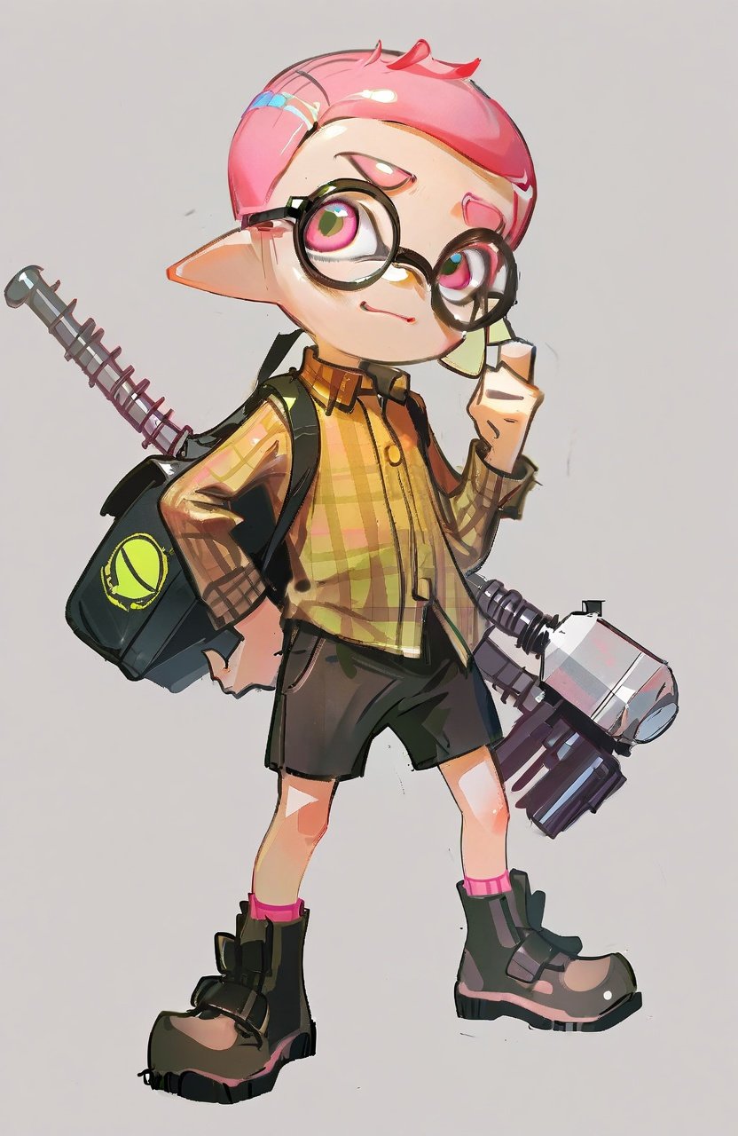 by dino, inkling, inkling boy, shorts, 1boy, male focus, shirt, solo, tentacle hair, pink hair, green socks, long sleeves, standing, brown shirt, full body, white background, shoes, plaid shirt, looking at viewer, closed mouth, glasses, pointy ears, socks, bag, pink eyes, black shorts, short hair, simple background, weapon, plaid, smile, collared shirt