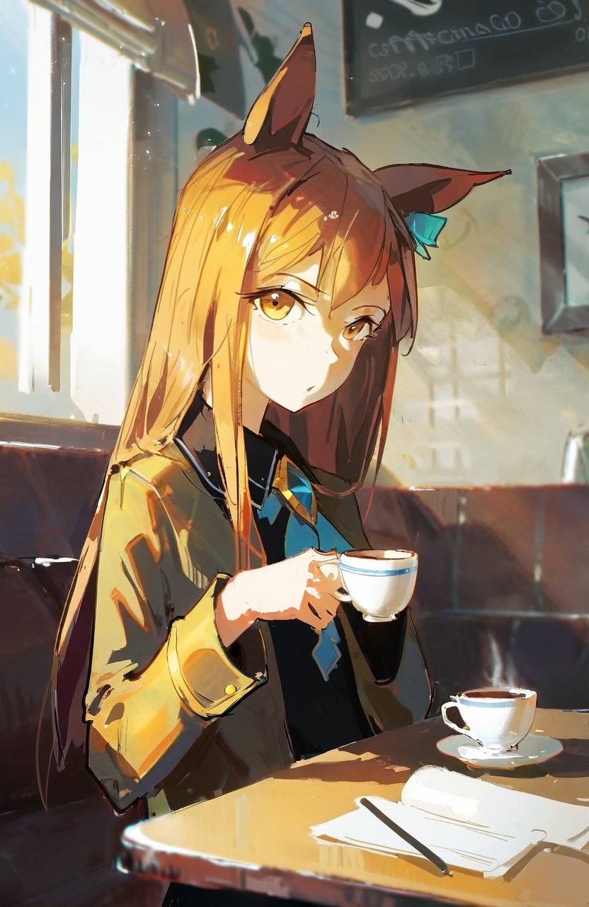 by dino, manhattan cafe (umamusume), 1girl, animal ears, long hair, horse ears, horse girl, yellow eyes, sitting, upper body, book, coffee cup, beautiful