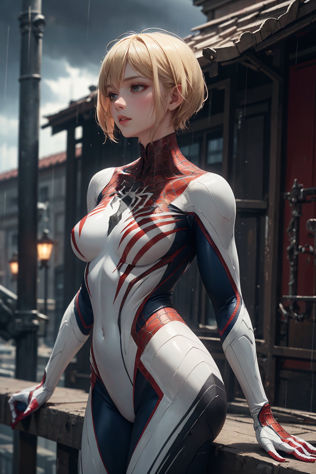 18 yo girl,  white spider man suit,  short blunt hair,  blonde,  beautiful face,  rain,  roof,  masterpiece,  intricate detail,  perfect anatomy, sh4g0d,<lora:EMS-5474-EMS:0.600000>