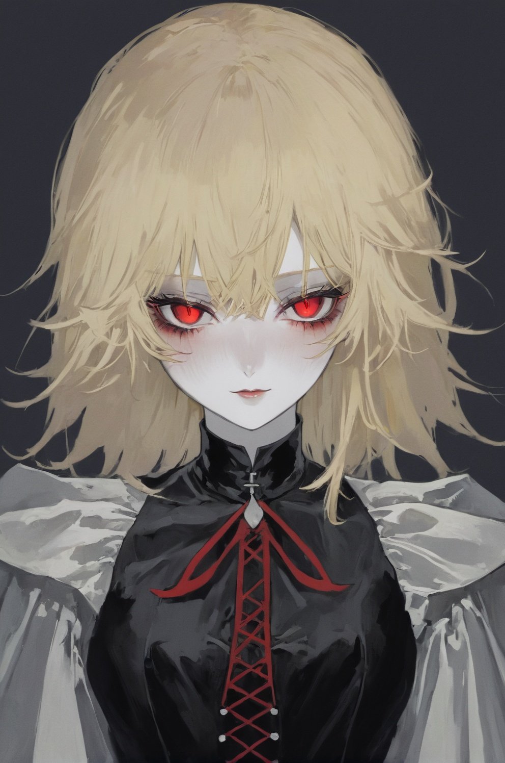 tekito midori, portrait of a vampire girl, smiling, red eyes, blonde hair, goth, makeup  <lora:tekitoXL-000010:1>