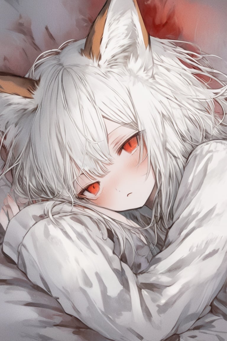 tekito midori, a fox girl white hair, red eyes, with very fluffy ears, pajamas, portrait, sleepy <lora:tekitoXL-000010:0.6>