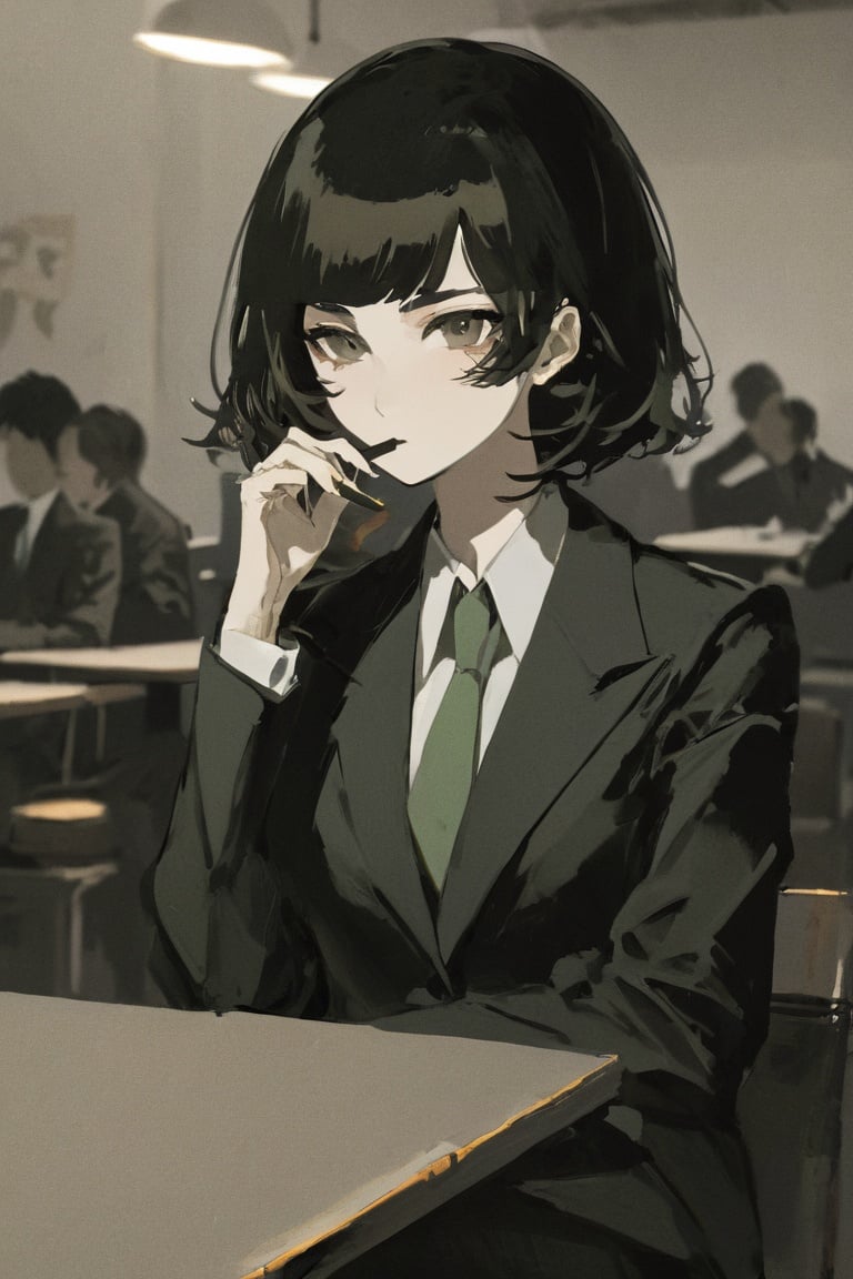tekito midori, a serious looking woman in a suit, smoking a cigarette, sitting a table, cafeteria <lora:tekitoXL-000010:1>