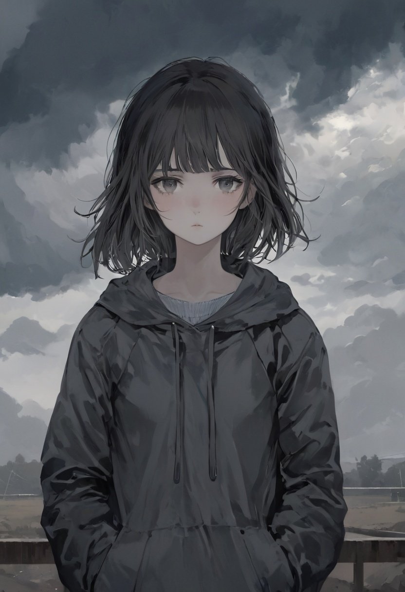 1girl looking at the viewer, sad, melancholic, grey day, clouds, outdoors, portrait