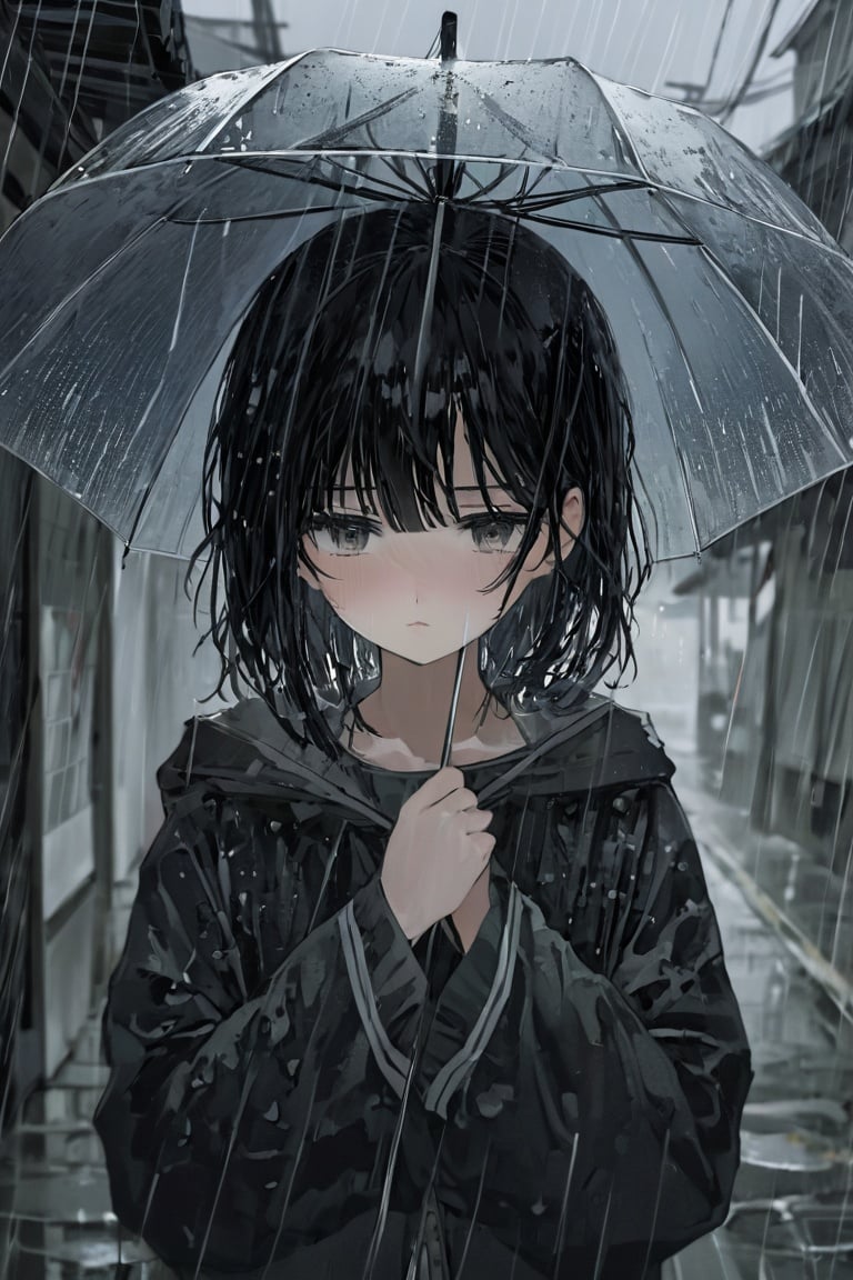 tekito midori, 1girl, rain, sad, portrait, black hair  <lora:tekitoXL-000010:1>
