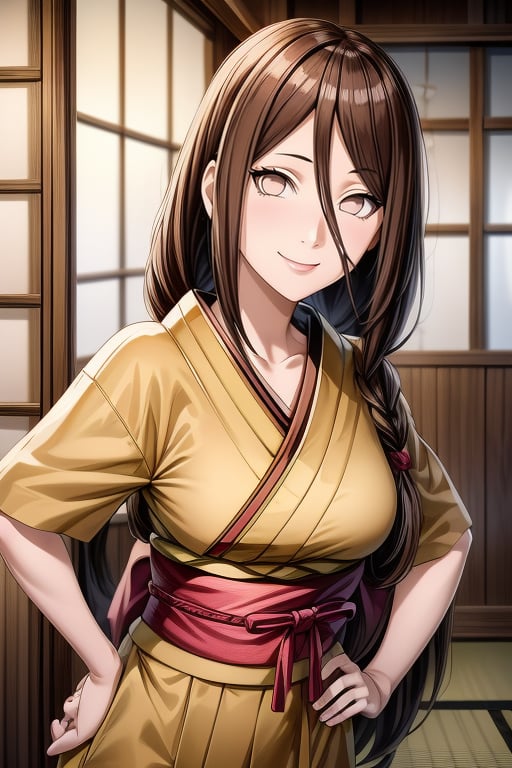 masterpiece,  beautiful face,  expression smiling,  cute girl,  seductive look,  half open eyes,  half closed mouth,  brown hair,  white eyes,  HanabiH,  Hana,  standing,  one hand on hip,  kunai in one hand,  peeking out upper body,  Hands on the curtain of a Japanese inn,  ramen inn, <lora:EMS-93-EMS:1.000000>, , <lora:EMS-32972-EMS:1.000000>, , <lora:EMS-14136-EMS:1.000000>