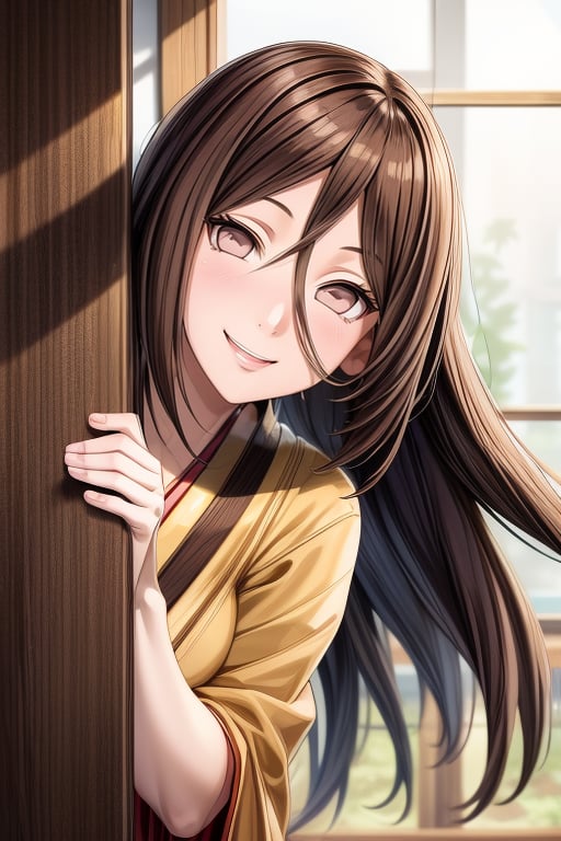 expression smiling,  cute girl,  seductive look,  brown hair,  white eyes,  long hair,  half open eyes,  1 woman,  HanabiH,  Orange Kimono,  Obi,  Hakama Skirt,  Low tied,  Hair Bow,  Hana,  peeking out upper body,  Hands on the curtain of a Japanese inn,  ramen inn, <lora:EMS-32972-EMS:1.000000>, , <lora:EMS-14136-EMS:0.800000>